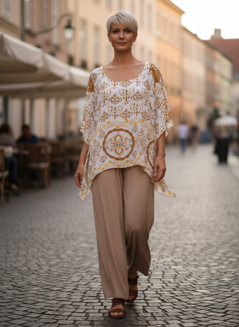 Καφτάνι κοντό με χρώματα Μπεζ, Χρυσό και Καφέ.