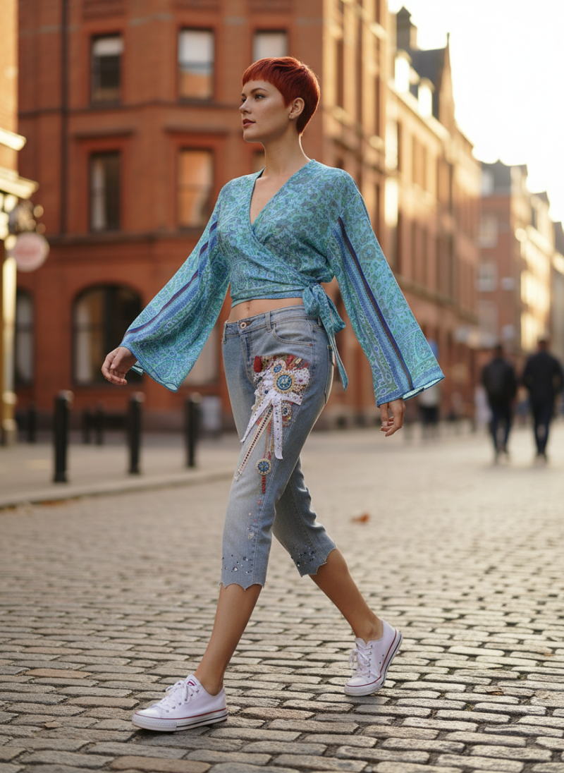 Μπλούζα Ασύμμετρη Μεταξωτή τυρκουάζ.