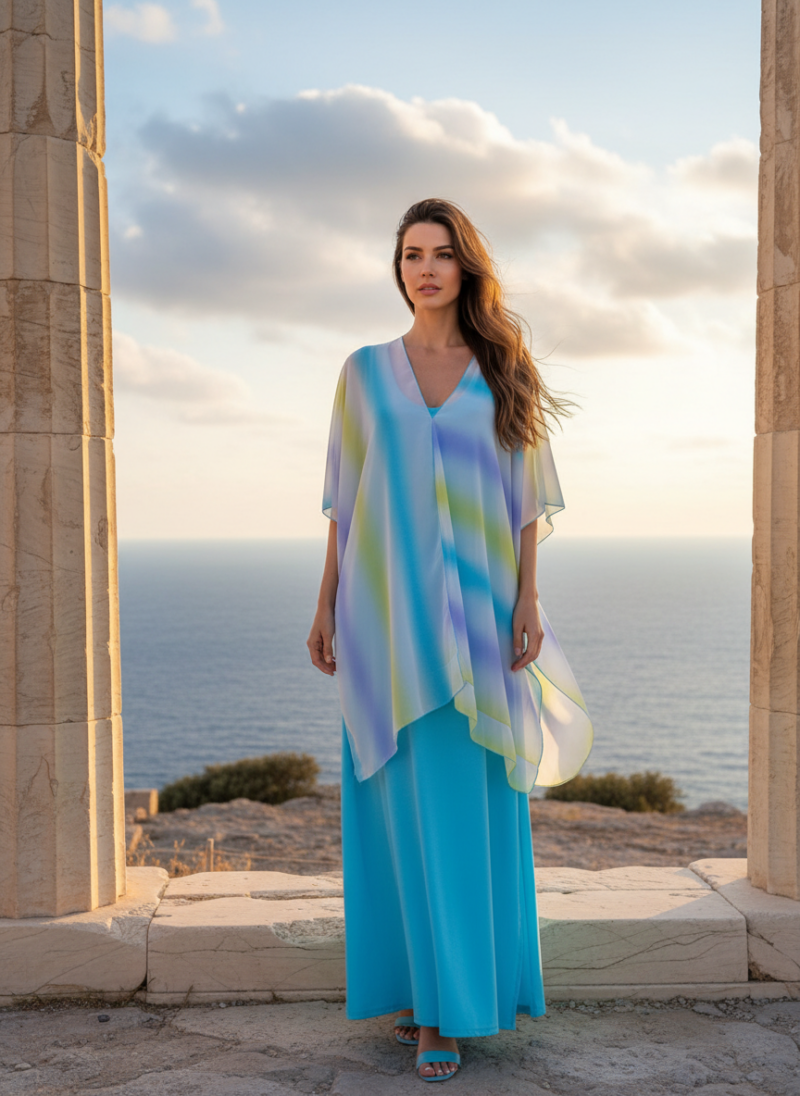 Πόντσο Μουσελίνα Με Χρώματα Άσπρο, Γαλάζιο, Κίτρινο, Μωβ.