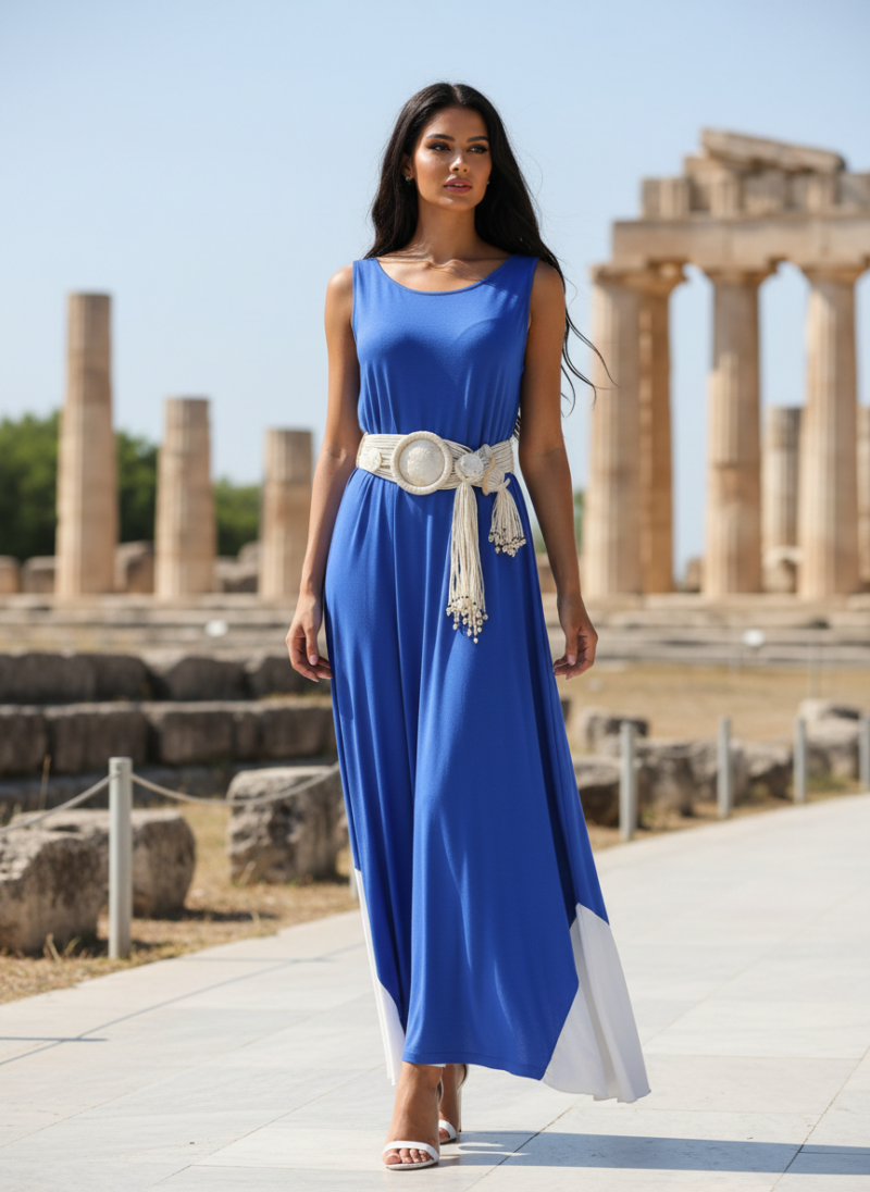 Καλοκαιρινό κοκτέιλ φόρεμα σε χρώμα Μπλε ηλεκτρίκ με Άσπρο