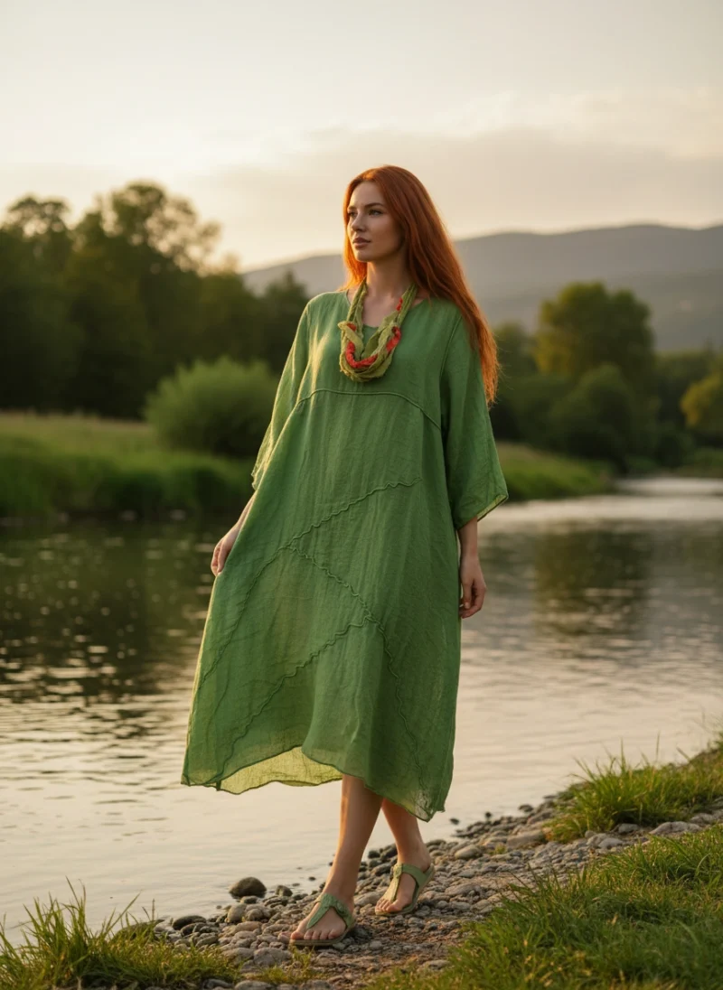 Φόρεμα Γάζα Λινή Πάτσγουερκ  Λαχανί.