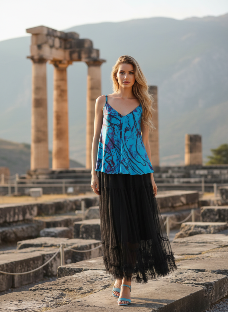 Τοπ Μεταξωτό Εμπριμέ Μπλε, Μωβ.