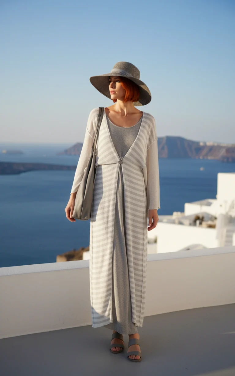 Πλεκτό Καφτάνι Εκρού με Γκρι.