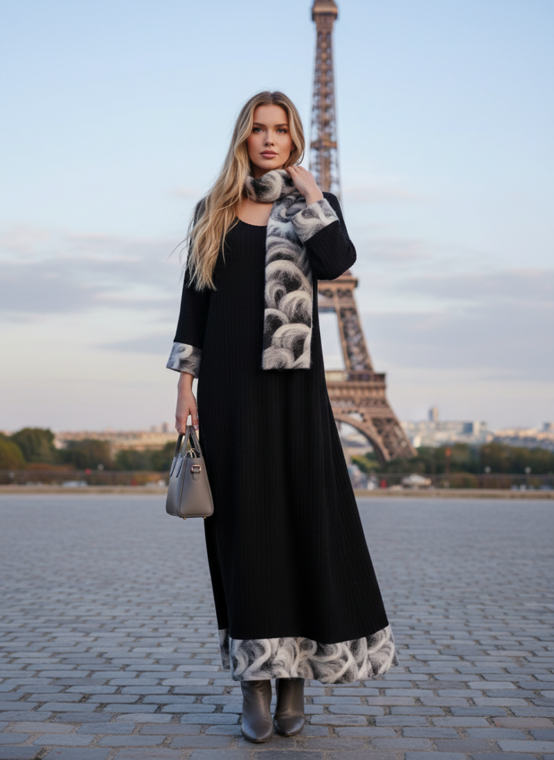 Φόρεμα Μαύρο με Άσπρες-Γκρι λεπτομέρειες Χειροποίητο