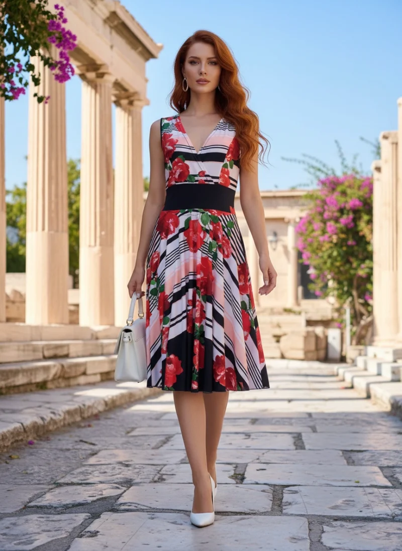 Κρουαζέ Φόρεμα Εμπριμέ με αποχρώσεις Άσπρο, Μαύρο, Κόκκινο