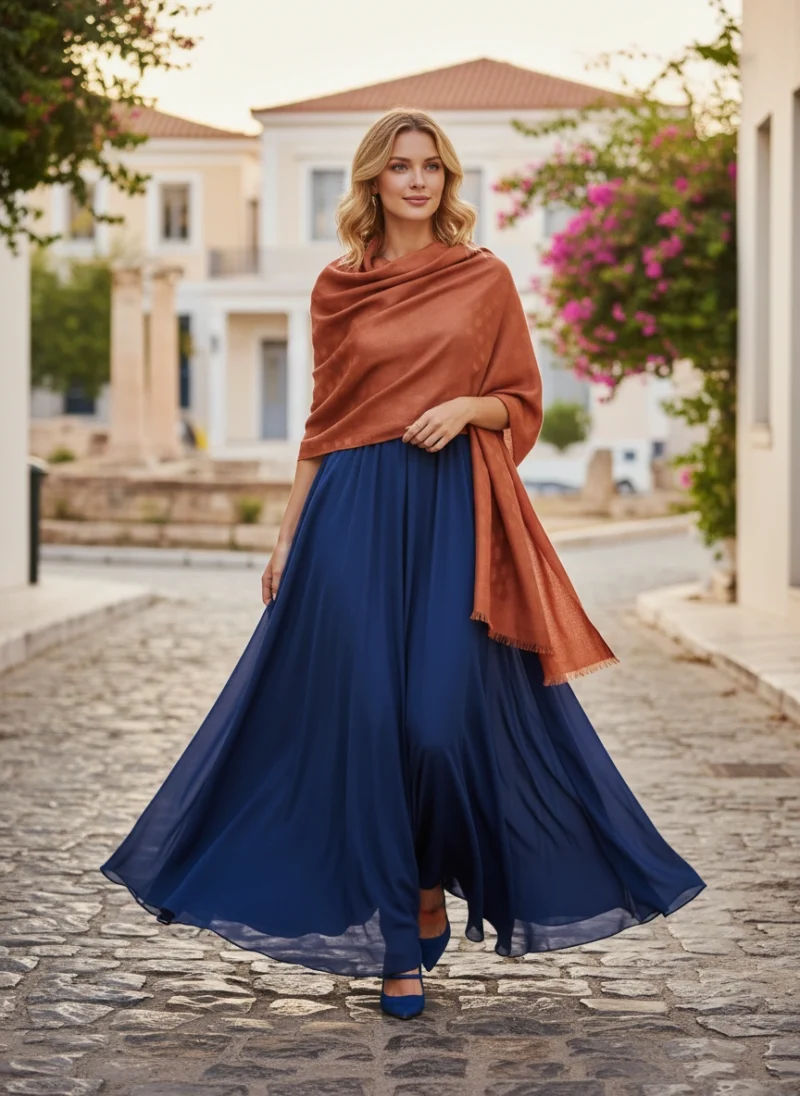 Εσάρπα Κασμίρ και Μετάξι χρώματος Κεραμιδί.