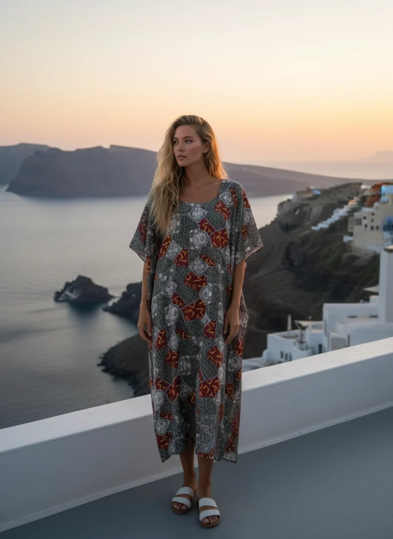 Καφτάνι  Εμπριμέ Βαμβακερό με χρώματα Πράσινο, Λευκό, ζεστό Πορτοκαλί.