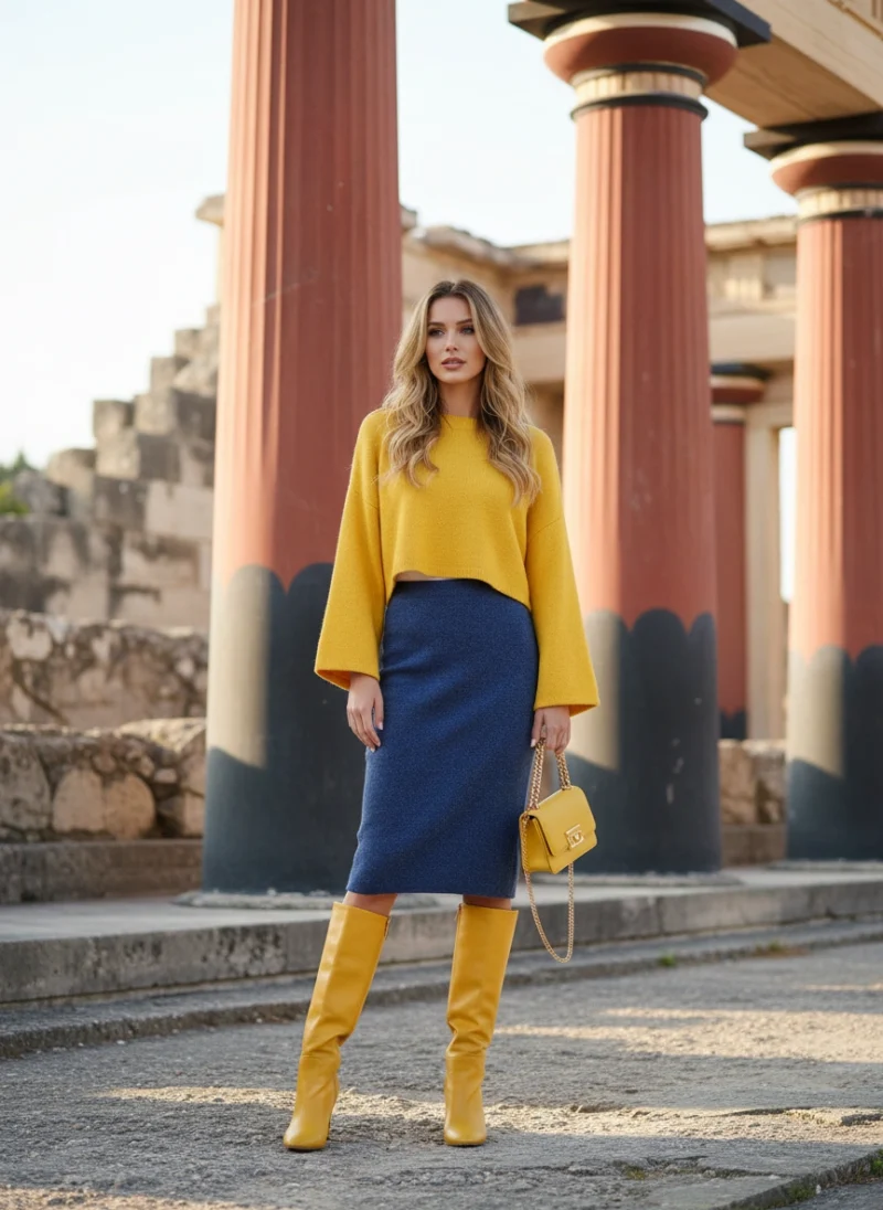 Πλεκτή Φούστα Πένσιλ Μπλε