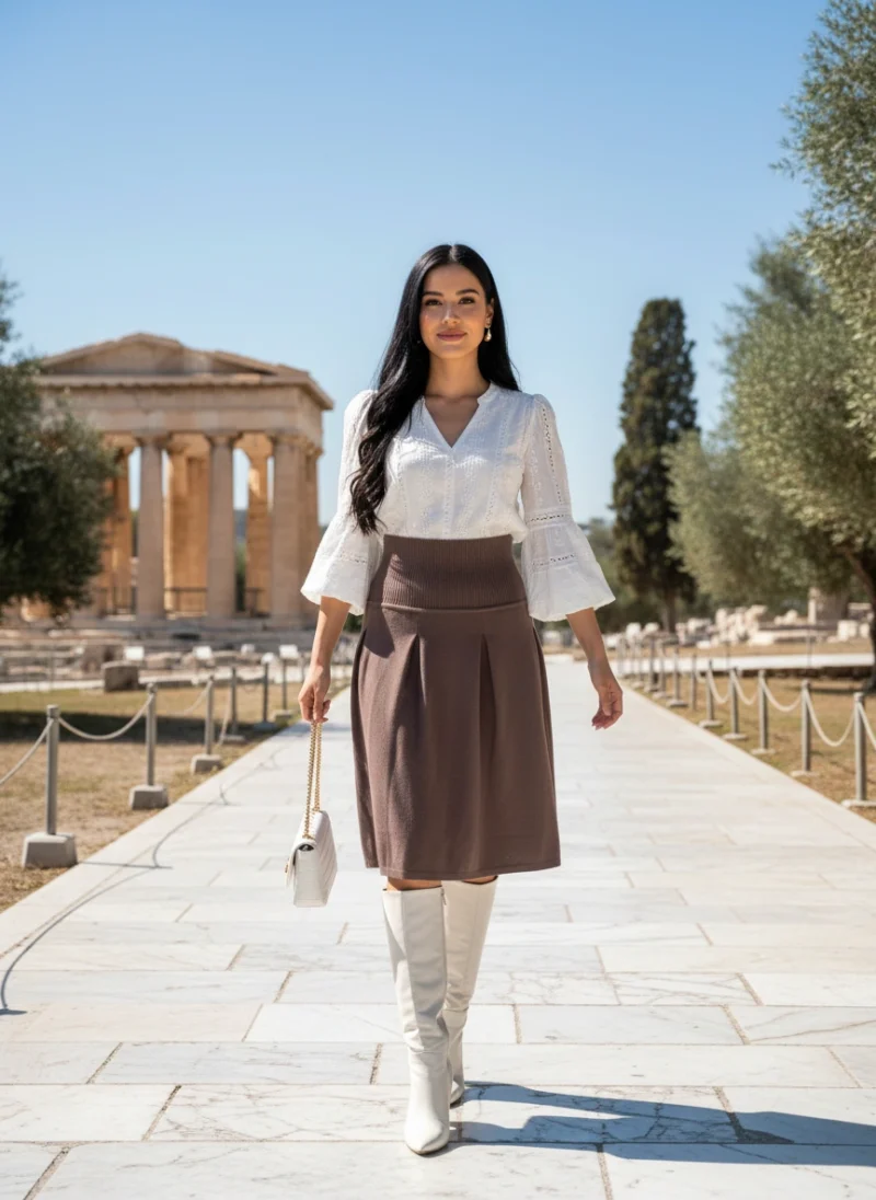 Πλεκτή Φούστα  Καφέ με πιέτες .