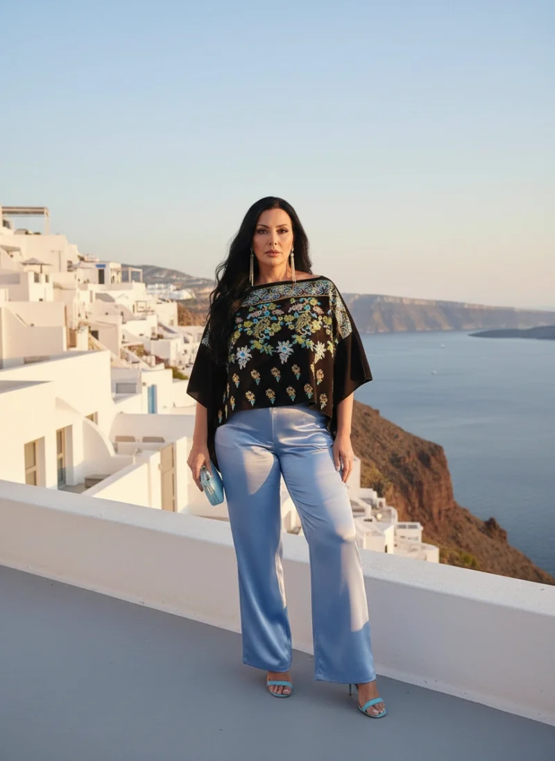 Πόντσο μαύρο με κέντημα .